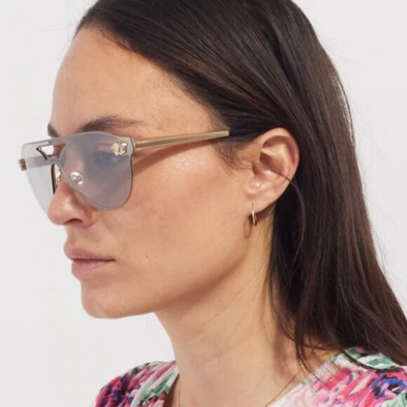 VERSACE Women's Sunglasses Aviator Style Gold Logo & Arms Gray Lenses Auth. - Picture 6 of 12